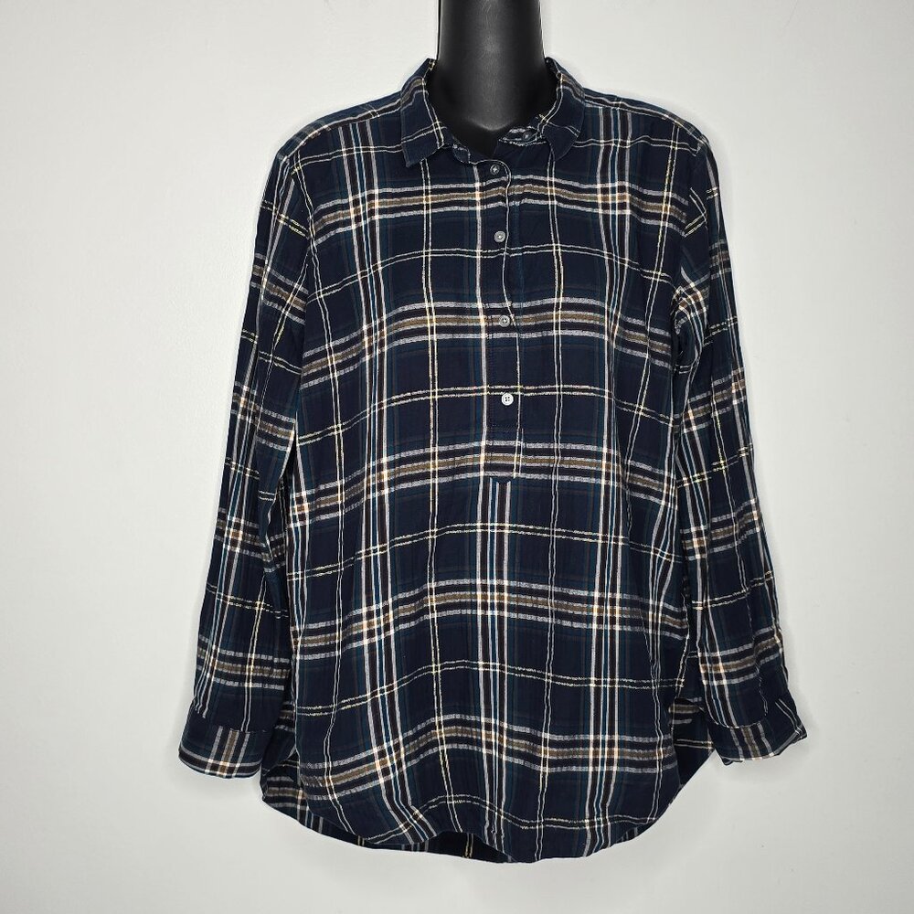 Ann Taylor Loft Womens The Softened Shirt Large Button Plaid Metallic Thread
